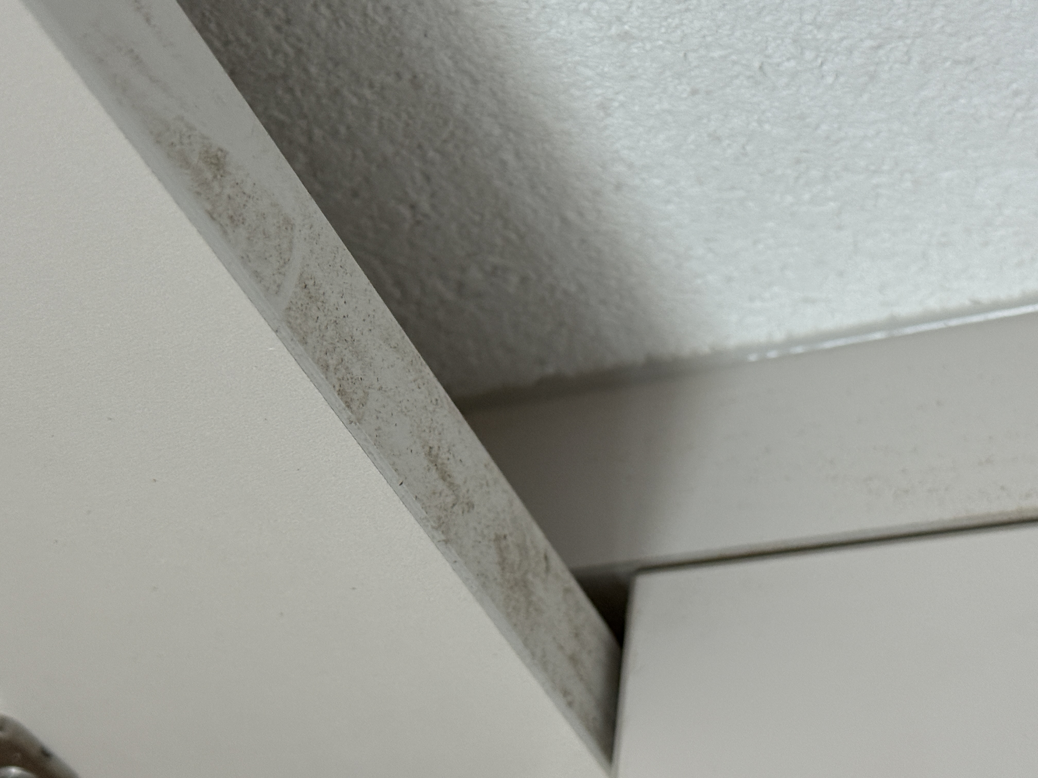 수납장 문 하단 모서리에 쌓인 먼지